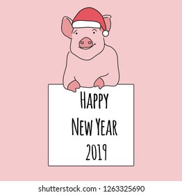 2019 New Year greeting card with cute cartoon pig. Hand drawn line art illustration. Pink smiling pig.  Flat style design. Concept for holiday banner, decorative element. stock vector