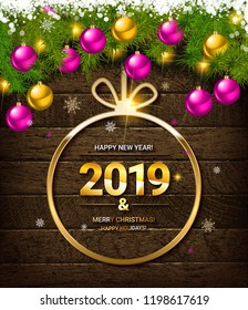 2019 New Year greeting illustration. New year greeting in frame which is made from holiday decor on a dark wooden background.