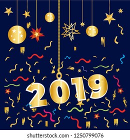 2019 New Year greeting illustration. New Year Shining with gold  and glitter. 2019 year poster design, 2019 wreath vector. 