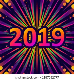 2019, New year greetings. Greeting card, background with fireworks. Vector illustration.