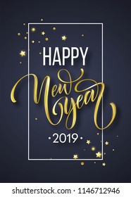 2019 New Year hand written lettering with golden Christmas stars on a black background. Vector illustration EPS10