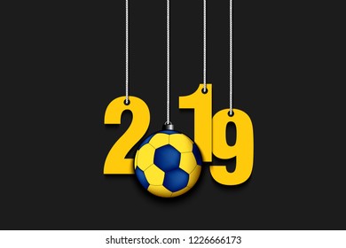 2019 New Year and handball ball as a Christmas decorations hanging on strings. 2019 hang on cords on an isolated background. Design pattern for greeting card. Vector illustration