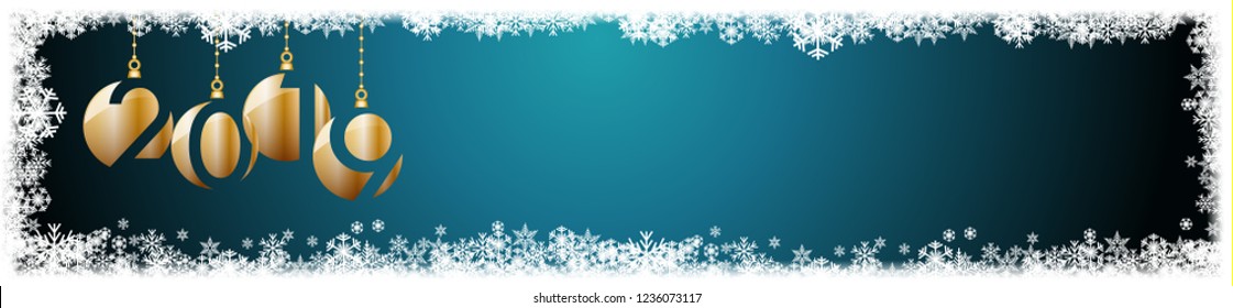 2019 New Year header background. Frame made snowfall and ice crystals, banner