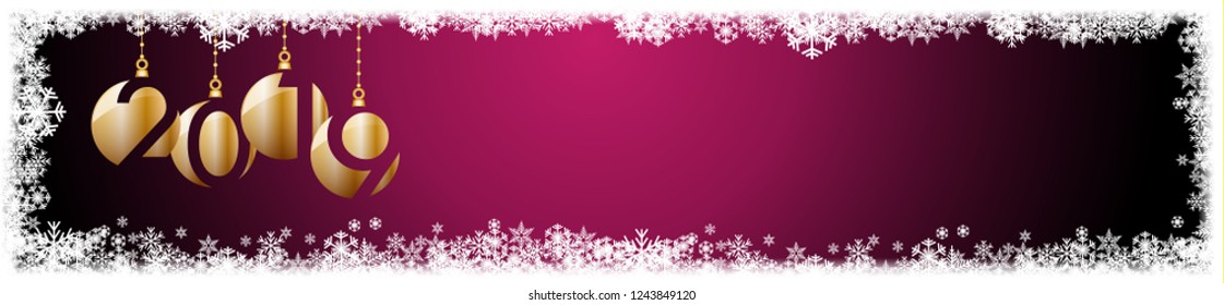 2019 New Year header background. Frame made snowfall and ice crystals, banner