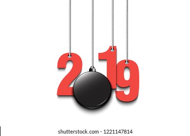 2019 New Year and hockey puck as a Christmas decorations hanging on strings. 2019 hang on cords on an isolated white background. Design pattern for greeting card. Vector illustration