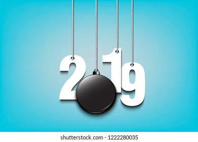 2019 New Year and hockey puck as a Christmas decorations hanging on strings. 2019 hang on cords on an isolated blue background. Design pattern for greeting card. Vector illustration