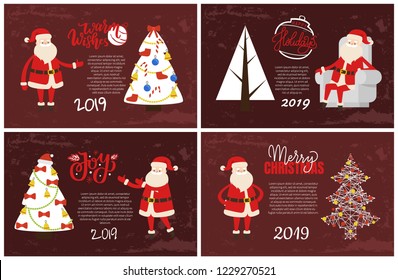 2019 New Year holiday greeting cards. Vector postcards sample with decorated Xmas tree topped by hat with bows, socks and garlands, Santa Claus and lettering