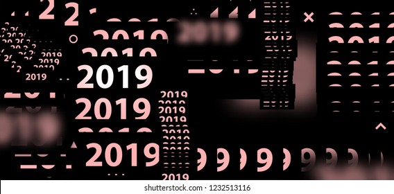 2019 New Year. Holiday template with bauhaus, memphis and hipster style graphic geometric and glitch elements. Applicable for placards, brochures, posters, covers and banners. Vector illustrations.