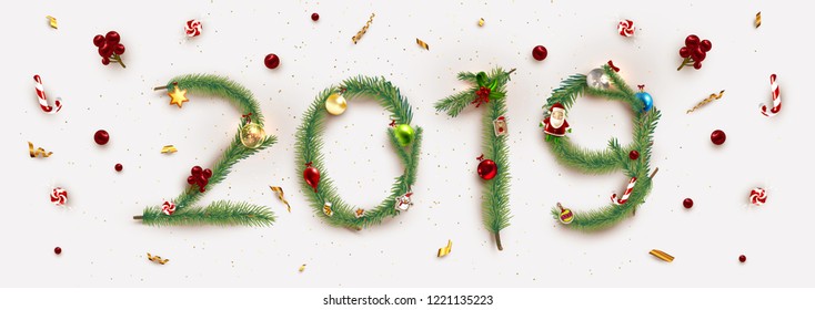 2019 New Year holiday trendy cover background design with Christmas balls, Xmas tree branches and toys for greeting card, banner, placard or poster. Eps10 vector illustration