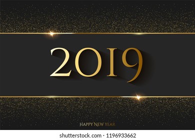 2019 New Year horizontal template. Vector golden 2019 New Year luxury design concept with golden glitter and frame