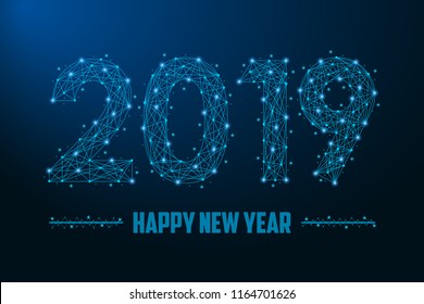 2019 New Year illustration made by points and lines, polygonal wireframe mesh on night sky, dark blue background. Vector.