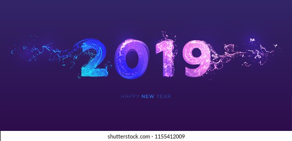 2019 new year lettering with glow neon color dynamic fluid effect. Retro futurism style holiday design. Eps10 vector illustration