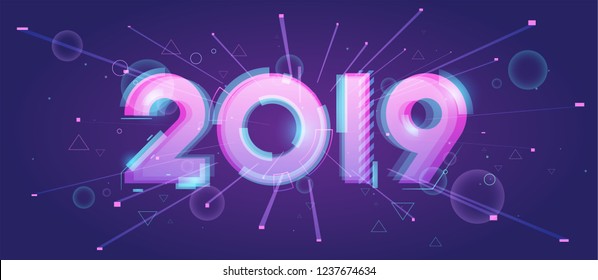 2019 new year lettering in glow neon color dynamic style. Futuristic neon holiday background