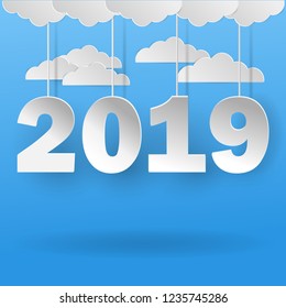 2019 new year lettering with paper cut style on the blue sky vector design