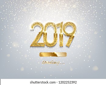 2019 New Year loading luxury template. Vector golden 2019 New Year loading sparkling sign under falling golden snow