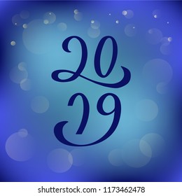 2019 for New Year logotype, flyer, banner, invitation, greeting card, postcard, typography poster. Handwritten modern lettering. 2019 for Christmas on textured background. Vector illustration EPS 10. 