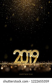 2019 New Year luxury design concept. Vector golden 2019 New Year vertical template with falling golden snow