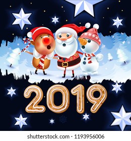 2019 New year & Merry Christmas symbol. Santa Claus on a winter background with gifts, Christmas toys, a star, candy, sweets and Christmas Cookies.Decoration of poster card holiday background. Winter.