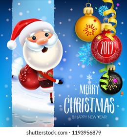 2019 New year & Merry Christmas symbol. Santa Claus on a winter background with gifts, Christmas toys, stars, candy, sweets and snowflake.Decoration of poster card holiday background. Winter greeting 