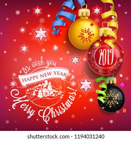 2019 New year & Merry Christmas symbol. on red background with Christmas toys, star, candy, sweets and symbols winter holidays. Decoration poster card holiday background. Winter.