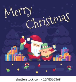 2019 New year Merry Christmas symbol. Santa Claus with champagne, glass, toast gifts, Christmas trees candy, sweets and symbols 2019 pig. Decoration of poster card holiday background. Vector flat