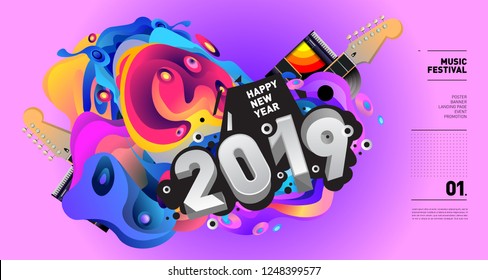 2019 New Year Music Festival Illustration Design for Party and Event. Vector Illustration Collage of Music for Background and Wallpaper in eps 10.