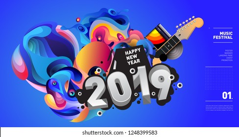 2019 New Year Music Festival Illustration Design for Party and Event. Vector Illustration Collage of Music for Background and Wallpaper in eps 10.
