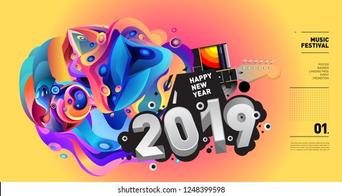 2019 New Year Music Festival Illustration Design for Party and Event. Vector Illustration Collage of Music for Background and Wallpaper in eps 10.