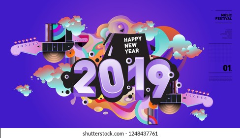 2019 New Year Music Festival Illustration Design for Party and Event. Vector Illustration Collage of Music for Background and Wallpaper in eps 10.