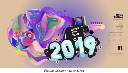 2019 New Year Music Festival Illustration Design for Party and Event. Vector Illustration Collage of Music for Background and Wallpaper in eps 10.