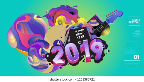 2019 New Year Music Festival Illustration Design for Party and Event. Vector Illustration Collage of Music for Background and Wallpaper in eps 10.
