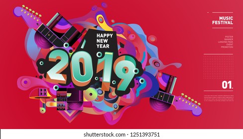 2019 New Year Music Festival Illustration Design for Party and Event. Vector Illustration Collage of Music for Background and Wallpaper in eps 10.