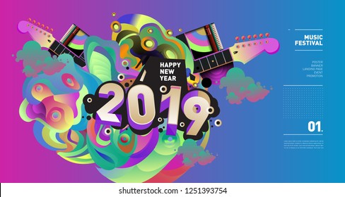 2019 New Year Music Festival Illustration Design for Party and Event. Vector Illustration Collage of Music for Background and Wallpaper in eps 10.