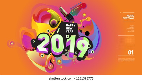 2019 New Year Music Festival Illustration Design for Party and Event. Vector Illustration Collage of Music for Background and Wallpaper in eps 10.