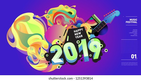 2019 New Year Music Festival Illustration Design for Party and Event. Vector Illustration Collage of Music for Background and Wallpaper in eps 10.