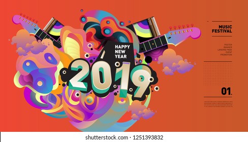 2019 New Year Music Festival Illustration Design for Party and Event. Vector Illustration Collage of Music for Background and Wallpaper in eps 10.