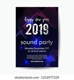 2019 new year music party poster template with neon glow. Vector illustration eps 10.