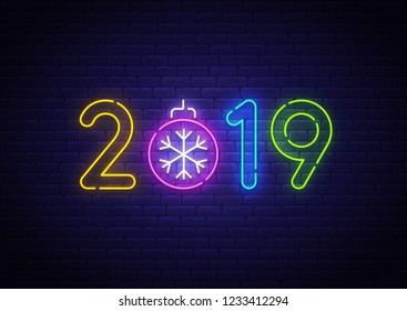 2019 New Year neon background colorful. Merry Christmas neon sign. Logo, emblem, banner and label, bright signboard, light banner.