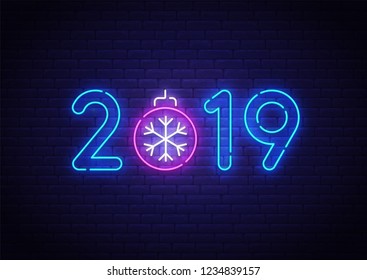 2019 New Year neon background. Merry Christmas neon sign. Logo, emblem, banner and label. Bright signboard, light banner.