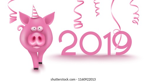 2019 new year numbers, serpentine and cut pig. Vector illustration