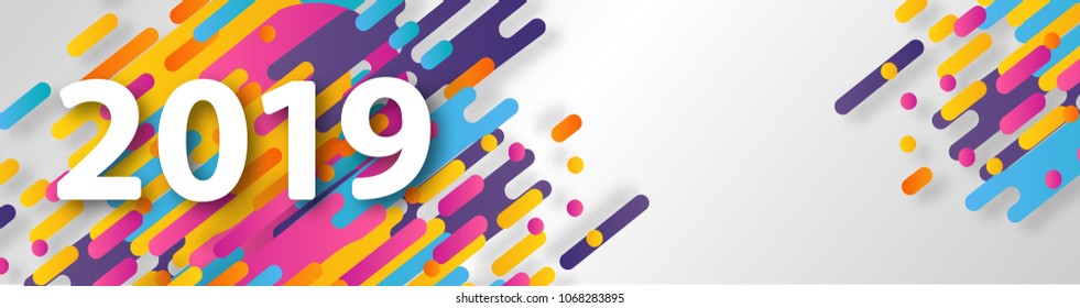2019 New Year on the background of a colorful halftone hipster design element for presentations, flyers, leaflets, postcards and posters. Vector illustration EPS10.