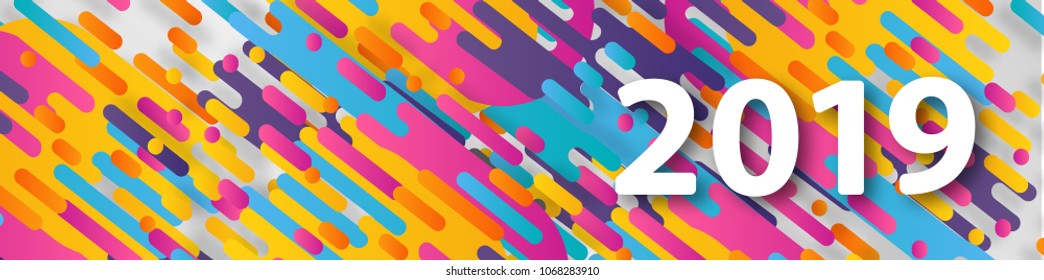 2019 New Year on the background of a colorful halftone hipster design element for presentations, flyers, leaflets, postcards and posters. Vector illustration EPS10.