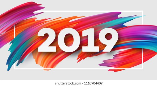 2019 New Year on the background of a colorful brushstroke oil or acrylic paint design element. Vector illustration EPS10