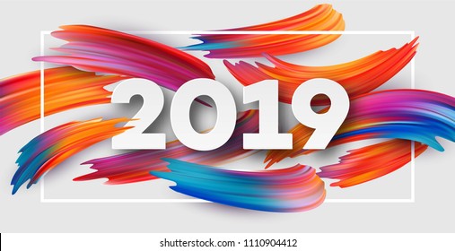 2019 New Year on the background of a colorful brushstroke oil or acrylic paint design element. Vector illustration EPS10