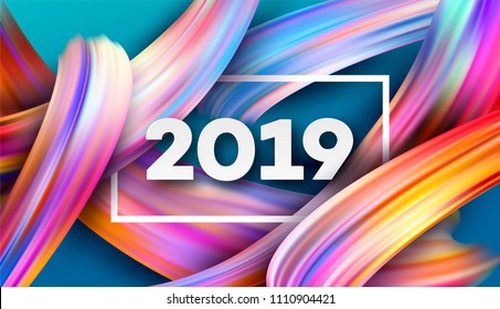 2019 New Year on the background of a colorful brushstroke oil or acrylic paint design element. Vector illustration EPS10