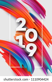 2019 New Year on the background of a colorful brushstroke oil or acrylic paint design element. Vector illustration EPS10