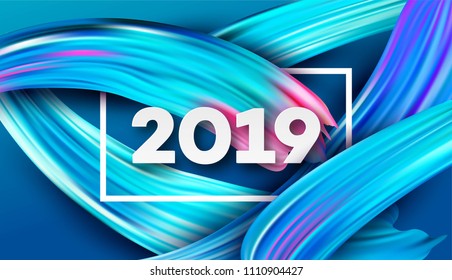 2019 New Year on the background of a colorful brushstroke oil or acrylic paint design element. Vector illustration EPS10