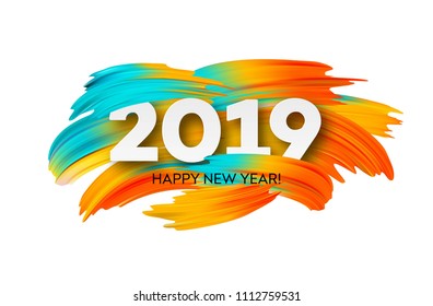 2019 New Year on the background of a colorful brushstroke oil or acrylic paint design element. Vector illustration EPS10