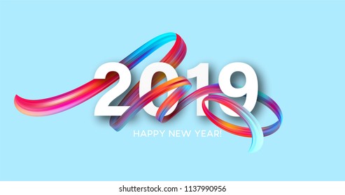 2019 New Year on the background of a colorful brushstroke oil or acrylic paint design element. Vector illustration EPS10