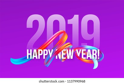 2019 New Year on the background of a colorful brushstroke oil or acrylic paint design element. Vector illustration EPS10